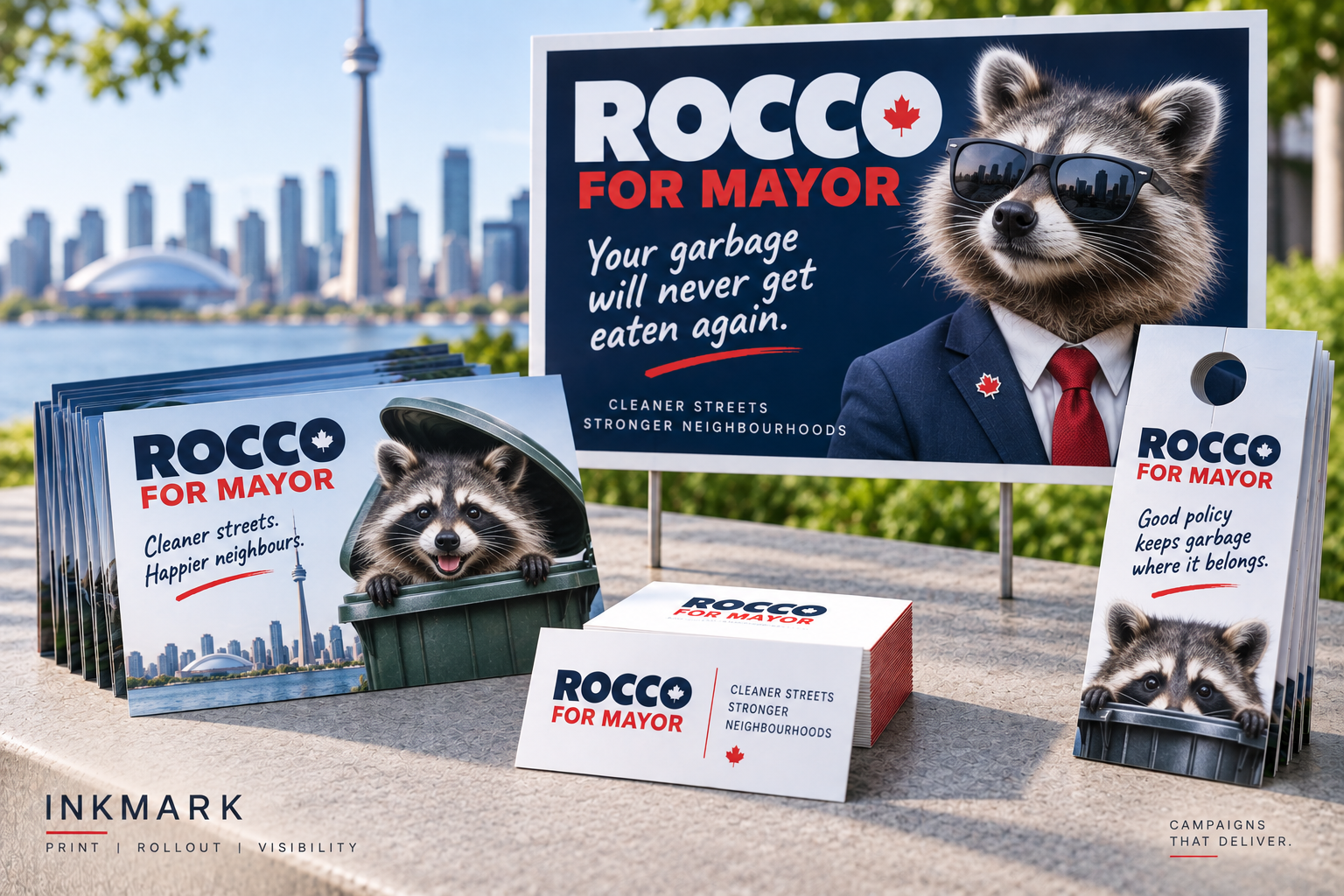 Coordinated campaign package: lawn sign, postcards, door hangers and business cards