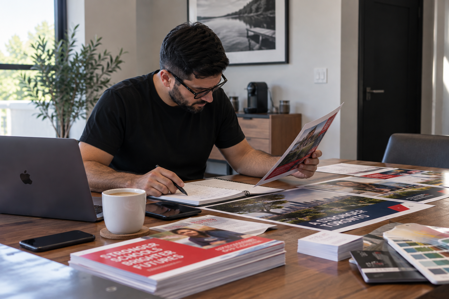 Campaign creative and printed literature being reviewed before production